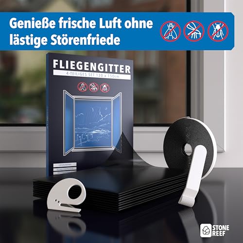 Fliegengitter Fenster [130x150cm + Schneidewerkzeug] Insektenschutz mit Klettband – Moskitonetz, Mückennetz, Fliegennetz zum Kleben – Einfache Montage ohne Bohren – Zuschneidbar für alle Fenster