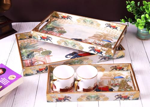 Image of Rectangular Wooden MDF Serving Trays Set of 3 (16x10, 14x8, 12x6 Inches) - Enamelled Finish with Easy-Grip Handles, Perfect for Dining, Tea, Snacks & Home Decor (Red Elephant Tray)