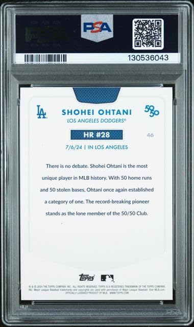 Graded Psa Gem Mint 10 Shohei Ohtani #46 Baseball Card 50/50 Home Run And Stolen Bases Club Dodgers 4 time Mvp Superstar. Celebrate Home Run #28 During His Record Setting Season
