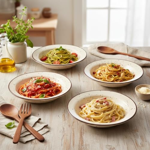 Image of Beyond Homes Ceramic Pasta Plates Shallow, 18cm, Set of 4, Off-White Spotted | Matte Finish Ceramic Pasta Bowl | Stoneware Pasta & Maggie Bowl | Chip-Resistant | Microwave Safe (4, Off-White Spotted)