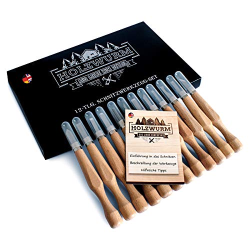 HOLZWURM Holz-Schnitzwerkzeug-Set - 12 Stück SK7 Schnitzmesser-Set für Holz, Gemüse & Obst…