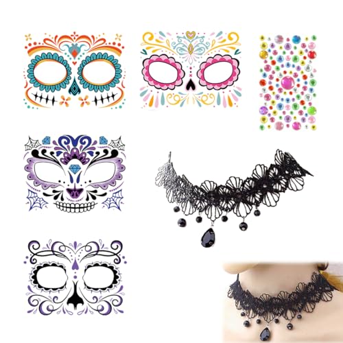 ZWWOGE Disfarce mexicano e conjunto de tatuagens faciais Dia dos Mortos com colar La Catrina - inclui strass e acessórios
