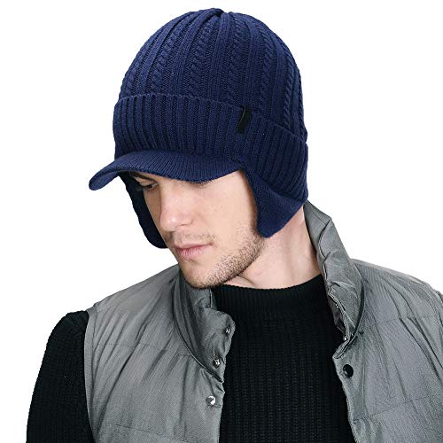 Comhats Wool Knit Visor Beanie Mens Womens Winter Hat Brim Cuff Newsboy Cap Hat Earflap Fleece Lined...
