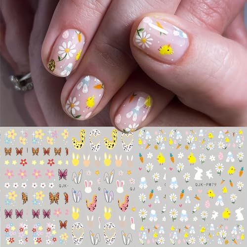 6Sheets Easter Nail Art Stickers Decals Cute Bunny Flower Designs 3D Self-Adhesive Nail Decals Spring Nail Decorations Floral Daisy Butterfly DIY Nail Supplies Easter Nail Accessories for Women Kids