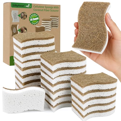 Image of Natural Kitchen Sponges, Biodegradable & Compostable | Non-Scratch Cellulose Coconut Fiber Sponges for Dishes, Pots & Pans | Eco-Friendly Cleaning Sponge (24)
