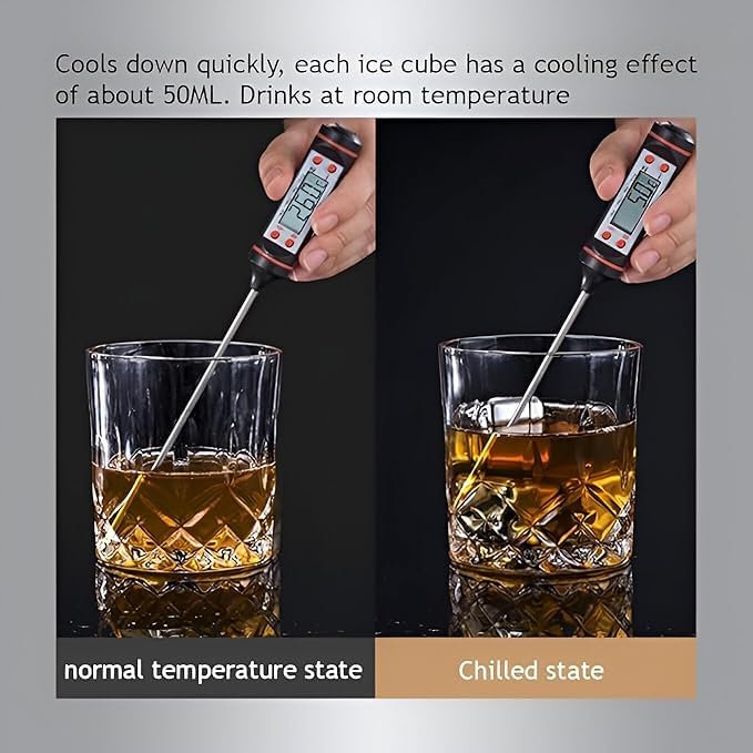 Image of 8-Pack Stainless Steel Whiskey Stones with Tongs & Container - Reusable Ice Cubes for Chilling Red Wine, Whiskey, Cocktails & More - Food-Grade Safe