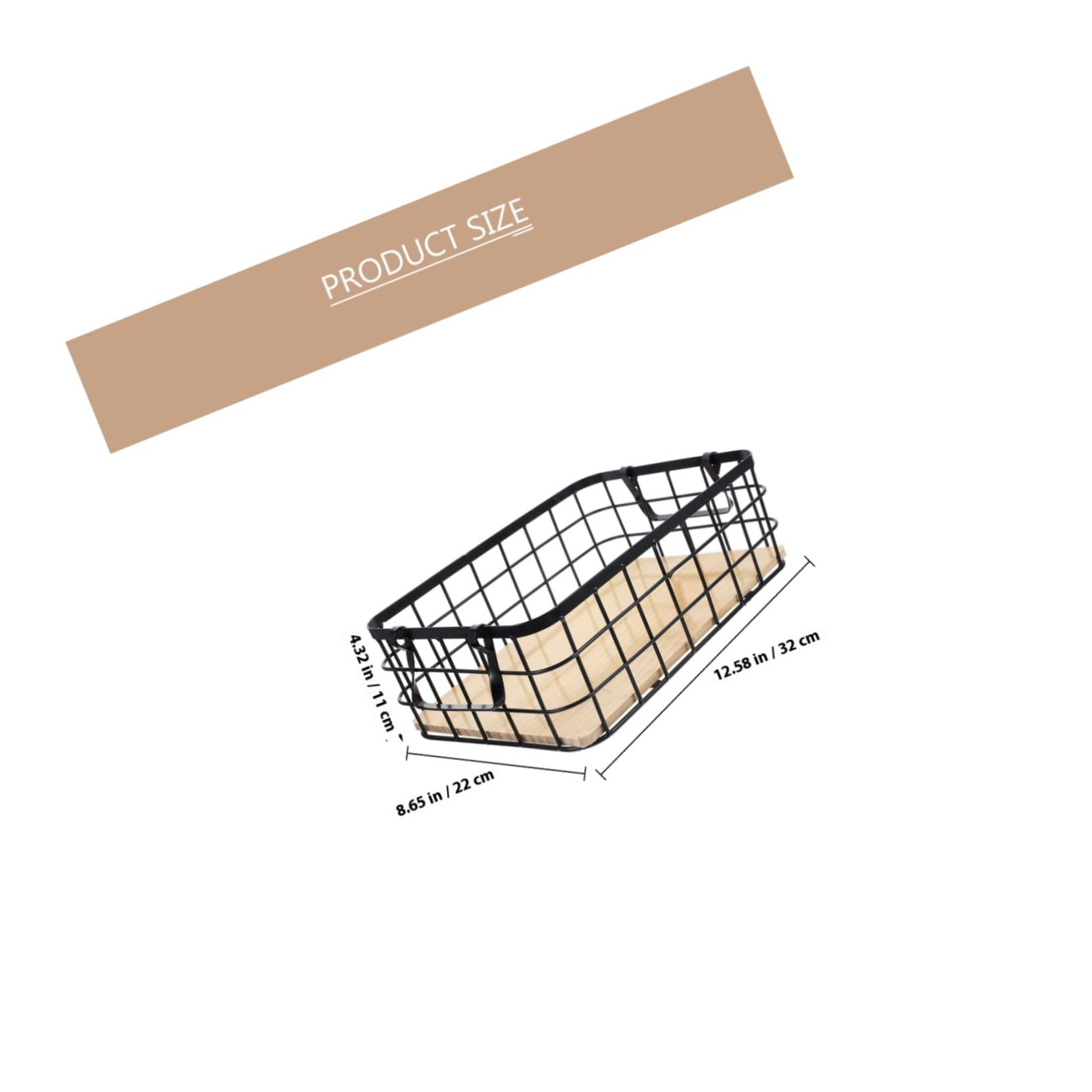 Cesta de Almacenamiento Metálica Pequeña con Asas Base de Madera Resistente y Apilable Organizador Multifuncional para Cocina y Baño Color Negro