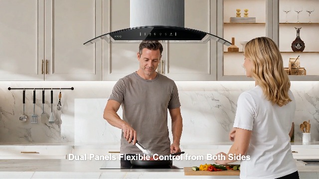Image of VIKIO HOME 30 inch Island Mount Range Hood, 1200 CFM Upgraded Range Hood, Ducted Vent Hood with 3 Speed Fan and 4 LED Lights, Gesture Sensing&Touch Control, Stainless Steel& Tempered Glass