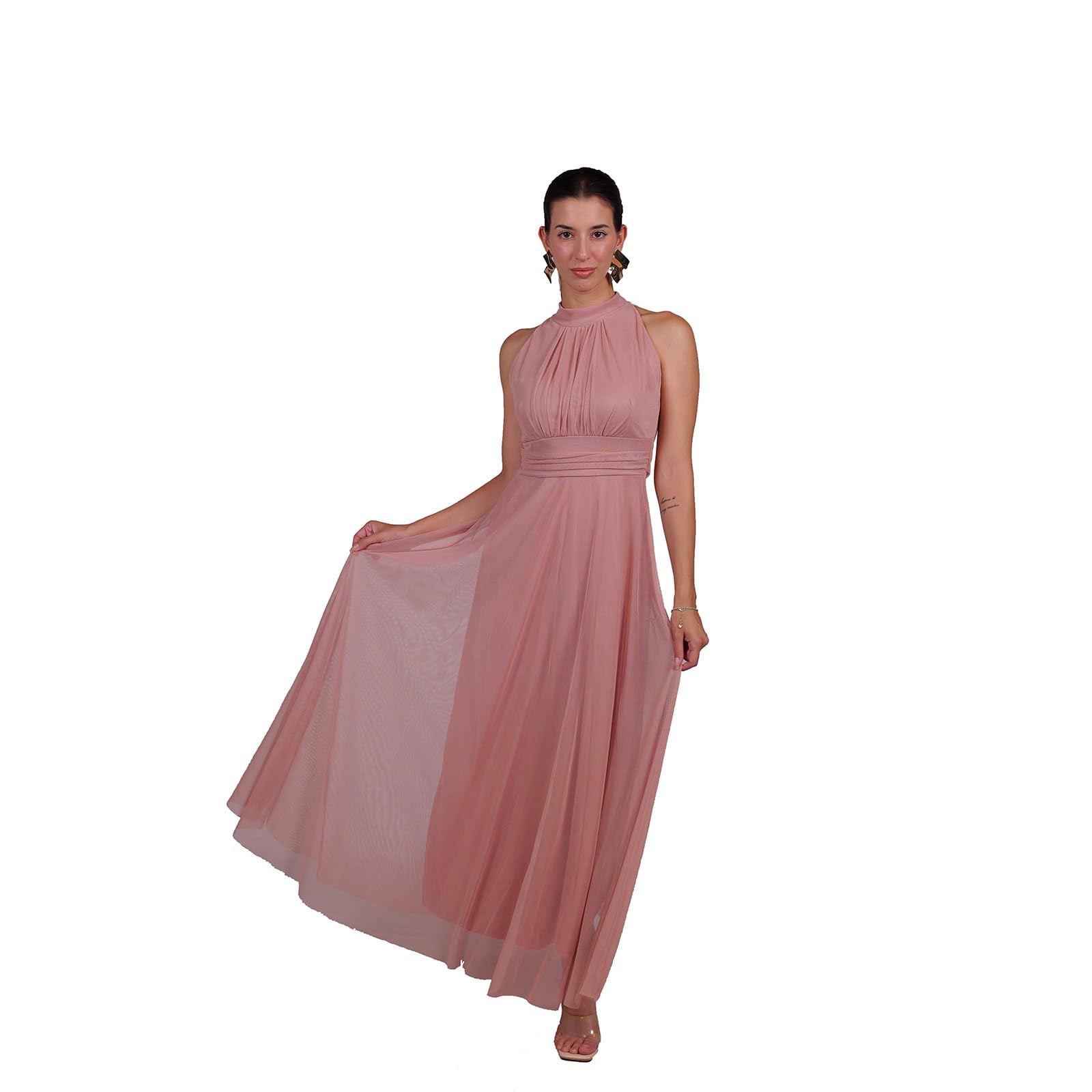 VALORIALUXE Abito Lungo Elegante Donna con Stola Coordinata – Collo Alto Senza Maniche, Linea Fluida in Tulle – Vestito da Cerimonia Made in Italy