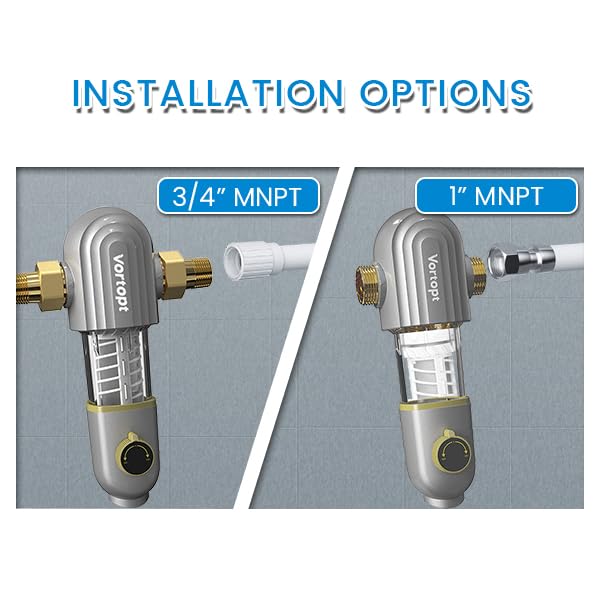 Vortopt Spin Down Sediment Filter, Automatic Backwash Whole House Sediment Water Filter for Well Water, 40 Micron Flushable Prefilter Filtration, Q2