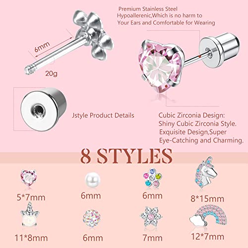 Jstyle 8 Pairs Hypoallergenic Screw Back Earrings for Girls Women 316L Stainless Steel Tiny CZ Pearl Heart Flower Butterfly Unicorn Screwback Earrings Studs Set Multicolored2