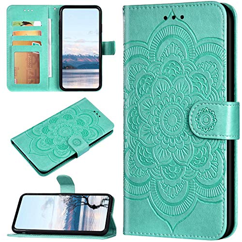 Robinsoni Case Compatible with Huawei Honor Play 3 Retro Case Glossy Glitter PU Leather Wallet Cover Lavish Bling Mandala Printed Book Case TPU Silicone Inner Case Folio Flip Magnetic Case Green