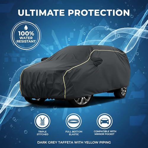 Image of Sulfar 100% Water Resistant Car Body Cover Compatible with Mirror for BMW i7(Electric) (Triple Stitched, Full Bottom Elastic, Dark Grey Tafetta with Yellow Piping)