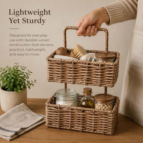 Image of Amazon Brand - Umi Handwoven Raffia Wall Hanging 2 Tier Storage Basket Organizer with 2 Self Adhesive Hooks & 4 Hooks Natural Wicker Shelf Basket for Bathroom Living Room Office (26x18.5x34 cm)