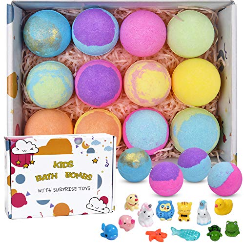 12 Bath Bombs for Kids with Toys Inside, Fizzies Organic Essential Oil Bath Bombs, Gentle and Kids Safe, Great for Spa & Bubble Bath Colorful &Scented, Handmade Bath Bombs Gift Set