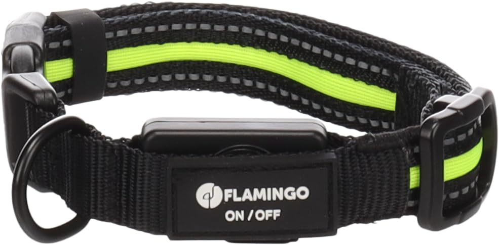 Halsband Hund - hundehalsband - Flamingo Flitzy Nylon mit LED Schwarz & Gelb S | 30-40cm x 20mm x 5mm
