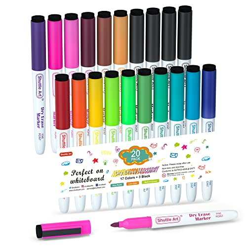Image of Shuttle Art 20 Pack Dry Erase Markers 17 Colors Plus 3 Black Fine Tip