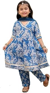 superminis Girls Cotton Floral Printed Angrakha Gotta Patti Kurti Pant Set with Net Dupatta
