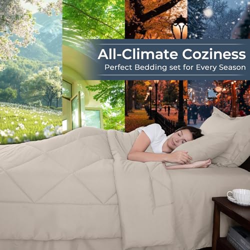 HEVUMYI Beige Tan Queen Comforter Set - 7-Piece All Season Bed in a Bag Queen, Ultra Soft Bedding Set with Comforter, Flat Sheet, Fitted Sheet, Pillowcases, Pillow Shams, Beige Tan