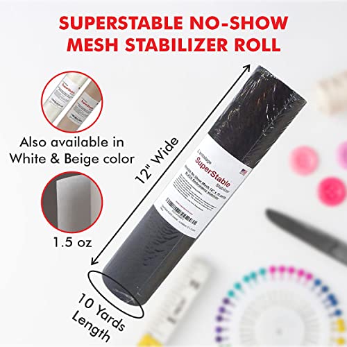 Superpunch Invisible No-Show Mesh Stabilizer, 1.5 Oz Cutaway For Embroidery Machines-12 Inch X 10 Yard Roll, Superstable Lightweight Cut Away Machine Stabilizers Backing, Made In Usa (Black) #TOP1