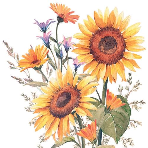 Set of 2 Individual Decoupage Paper Party Napkin Sunflowers Flowers Fall Watercolor Decor Luncheon Napkins for a Birthday Holiday, Wedding, Cocktail Party