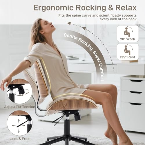 Image of Office Chair No Arms with Wheels, PU Leather Adjustable Height Small Desk Chair, Modern Mid Back Swivel Rolling Armless Computer Task Chair for Home Office, Meeting Room, Study, Khaki