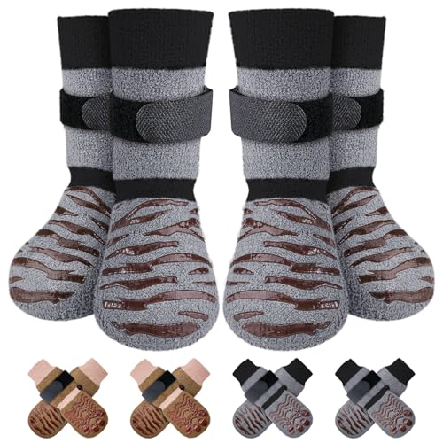 Eyein Hundesocken, 2 Paar Doppelseitige Anti-Rutsch Socken mit verstellbarem Klettverschluss für Hunde - Pfotenschutz auf Hartholzböden in Innenräumen Winter (Grau, XL)