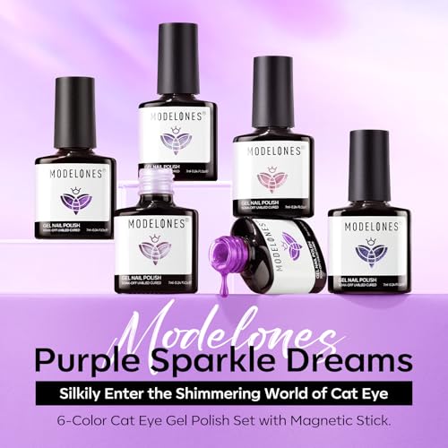 Image of modelones Cat Eye Gel Nail Polish, 6 Colors Purple Pink Glitter Gel Polish Set with Magnet Sparkle Galaxy Series Nail Polish Kit Soak Off Led Nail Art Manicure Salon DIY Gifts