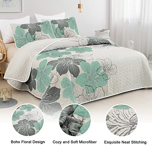3 Pieces Floral Quilt Set Queen Green Floral Boho Bedding Coverlet Sets With 2 Pillowcases Soft Microfiber Gray Quilted Bedspread For All Season 90"X90" #TOP1