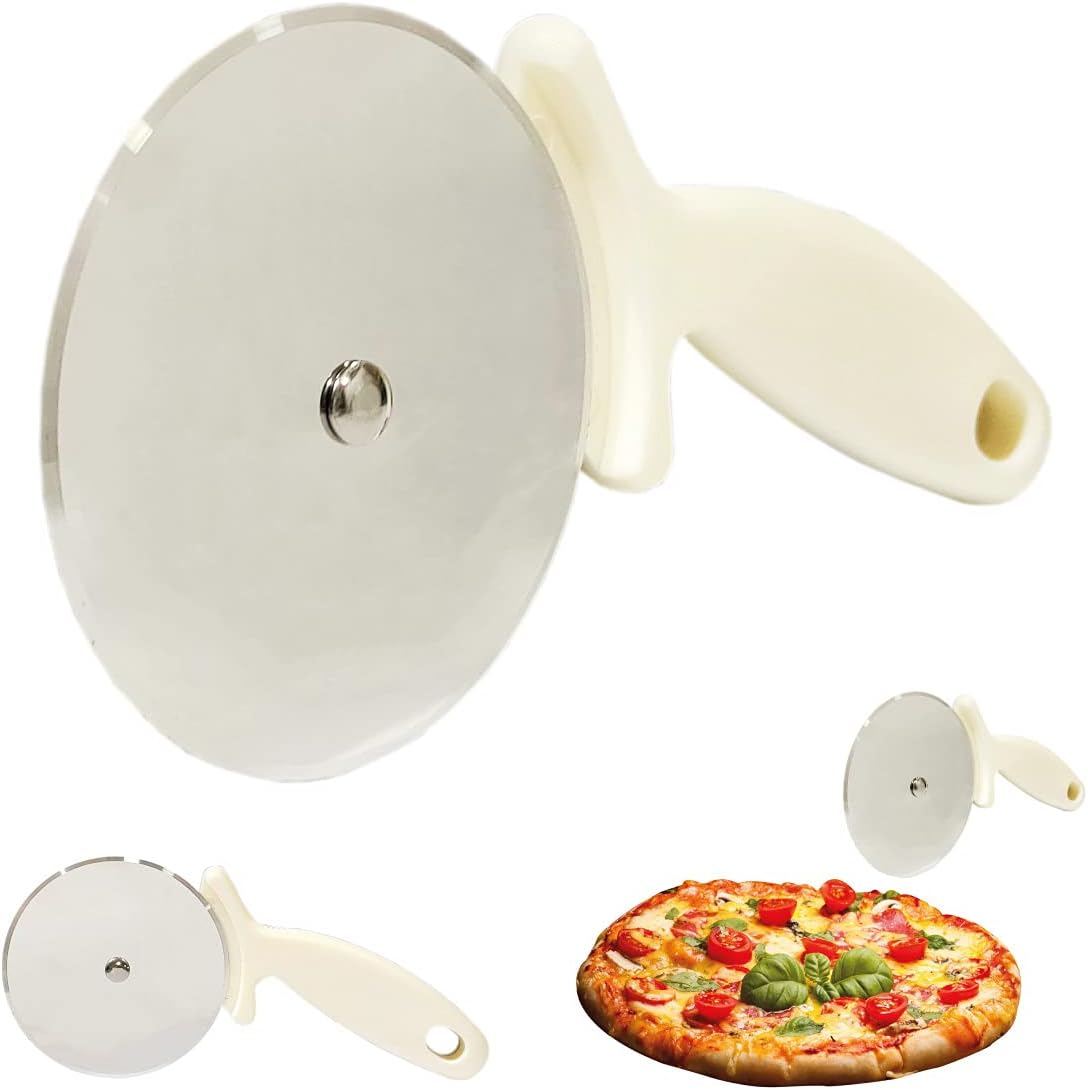 Rueda cortapizza – Rueda de acero inoxidable de gran formato con arandela para cortar pizzas, zócalo y mango ergonómico con protector de dedos.