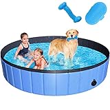 JUOIFIP Foldable Dog Pet Pool 63'x12' XXL Portable Pet Swimming Pool Kiddie Pool for Pets Hard Plastic Pet Bath Tub Indoor Outdoor Pool for Pets Large Dogs Cats and Kids (Bonus Brush+Chew Toy)