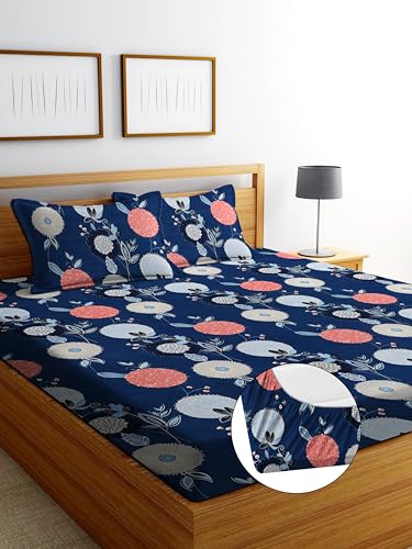Image of DECORUM Glace Cotton Fitted 1 Bedsheet King Size (72 inchx78 inch) | All Around Elastic | Cotton Feel | 2 Pillow Covers (17 inchx27 inch) | Fits Up to 8 inch Mattress | 200-220 TC | Printed Double Bed Sheet Set