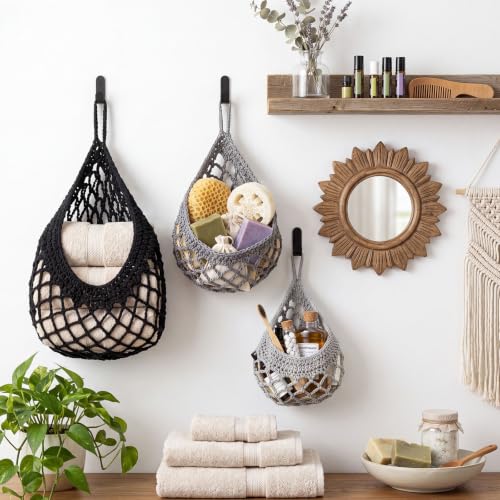 Image of Honeydak 3 Hanging Baskets, Grey, White, Dark Grey, Crochet, Cotton Rope
