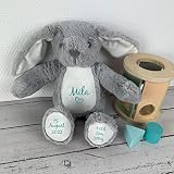 mamir home Geburtsgeschenk Baby Jungen & Mädchen | Hase Kuscheltier personalisiert mit Name & Geburtsdaten I 34cm I Geschenkidee zur Geburt I Taufe