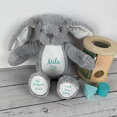 mamir home Geburtsgeschenk Baby Jungen & Mädchen | Hase Kuscheltier personalisiert mit Name & Geburtsdaten I 34cm I Geschenkidee zur Geburt I Taufe