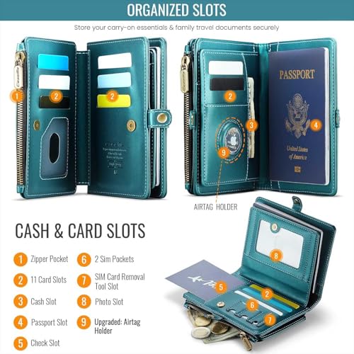 Image of Passport Wallet with AirTag Holder, RFID Blocking Passport Holder for Travel Family, PU Leather Document Organizer with 11 Card Slots & Wrist Strap, Green