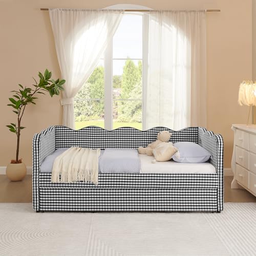 Image of KEIKI Twin Size Upholstery Gingham Daybed with Trundle and USB, Black