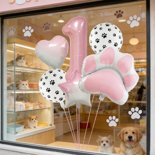 Image of 1st Birthday Dog Paw Balloons Set,18'' Paw Prints, Heart,Star,Paw Shaped Foil Balloon 40 Inch Pink Number 1 Helium balloons for Puppy Themed Baby Shower First Birthday Party Decorations Supplies 6PCS