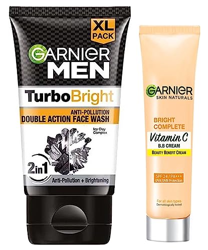 Image of Garnier Men, Face Wash, Brightening & Anti-Pollution, TurboBright Double Action, 150 g & Garnier Bright Complete Vitamin C BB Cream 30g