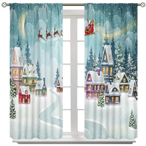 SHElifestyle Christmas Winter Curtains, Santa Reindeer White Winter Window Treatments Drapes for Bedroom Living Room Kitchen W52xL84