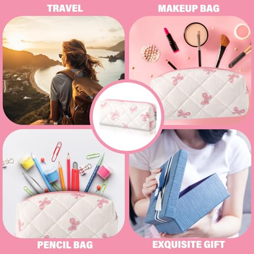 Image of Sherr Coquette Bow Pencil Case Pink Bow Cute Pencil Pouch Soft Cotton Storage Bag Aesthetic Pattern Gift Makeup Pouch Cosmetic Travel Bag for Women