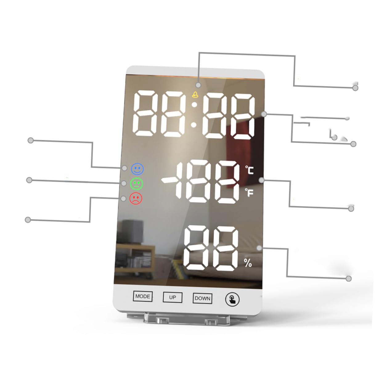 MAGICLULU LED Spiegelwecker mit Temperatur und Feuchtigkeitsanzeige USB Ladefunktion Leichte Tischuhr aus Kunststoff für Schlafzimmer und Wohnraum