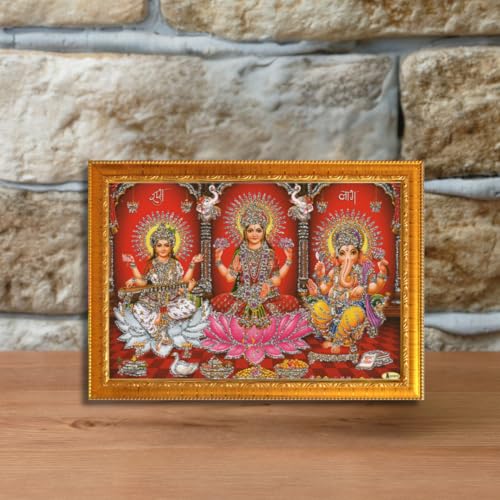 Image of CRAFT QUEST Lakshmi Devi with ganesh ji and saraswati mata Wall Painting Photo Frame for Diwali Pujan (Synthetic, Golden, Sparkle Finish, Small Size, 8 X 6 Inch)