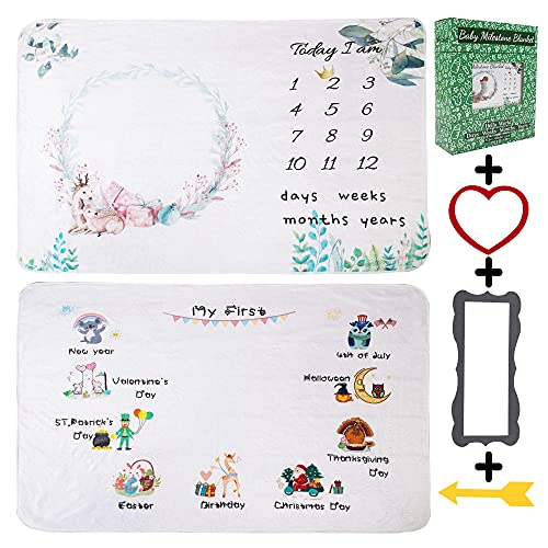 vmaisi Baby Milestone Blanket Gifts - Newborn Boy & Girl Monthly Year Infant Growth Blankets Nursery Swaddling Blankets (Blue Cloud, Single Printed) Blue Cloud Single Printed