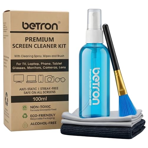 Betron Screen Cleaner Spray for TV, Laptop, Macbook, Computer, Monitor, Mobile Phone Cleaning Kit including Brush and Microfibre Cleaning Cloth, 100ml