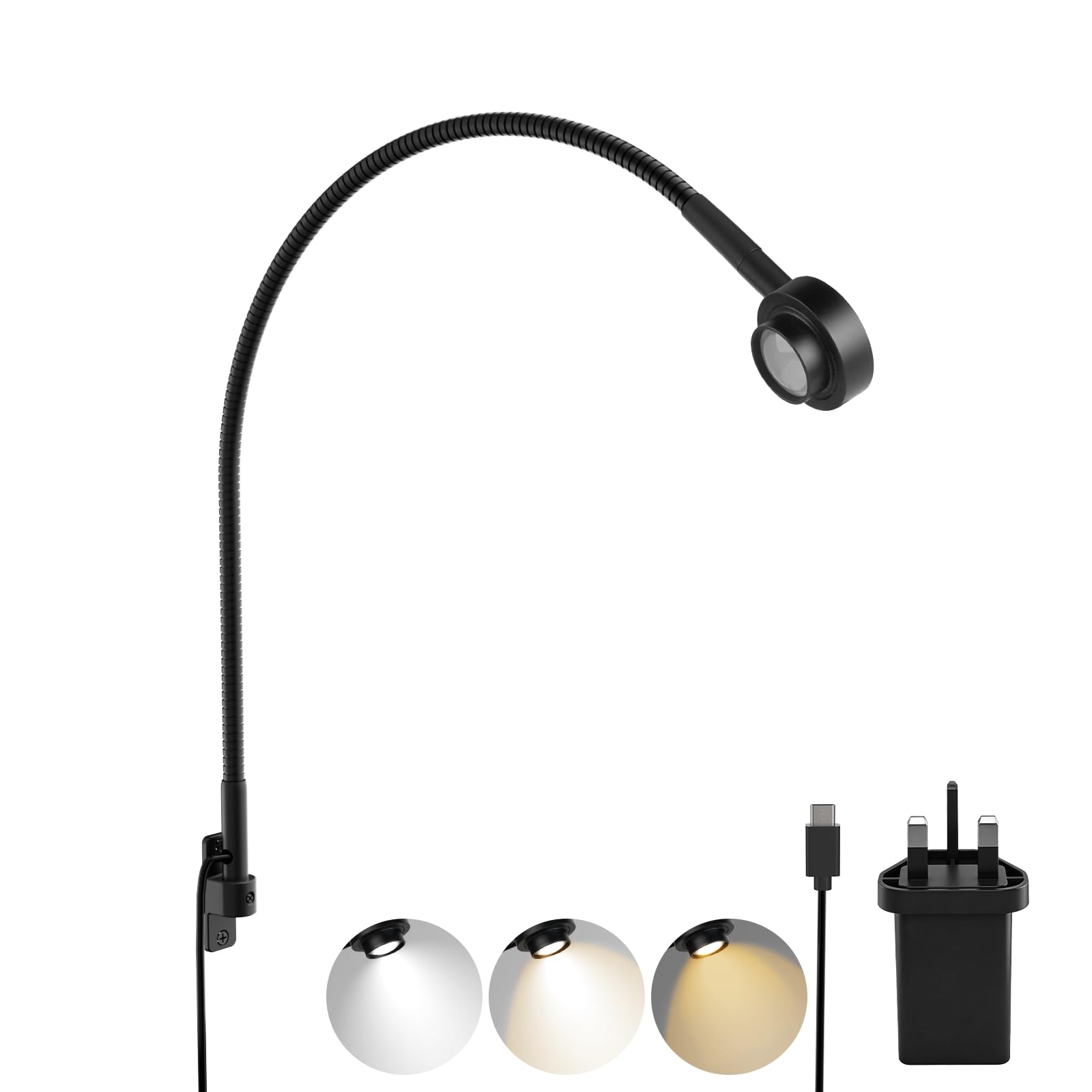 acegoo Bedside LED Reading Light, Full Metal Wall/Wooden Headboard Mounted Flexible Gooseneck Book Light, Rotatable Lamp Head with Head Switch, 2700K/4000K/6000K/Amber, Powered by Type-C Adapter