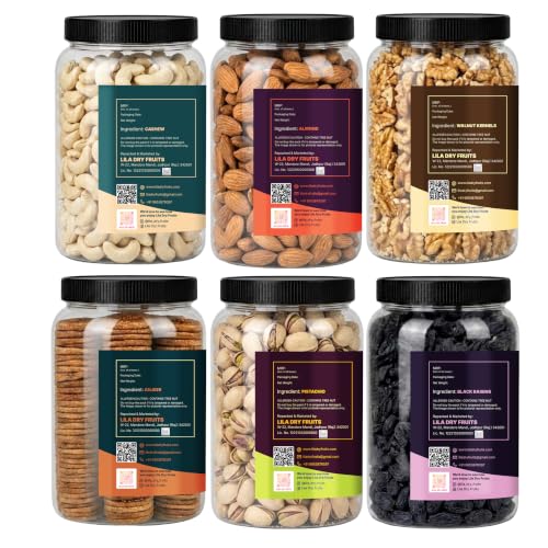Image of LILA DRY FRUITS Dry Fruits Combo Pack of Almonds, Cashews, Walnuts, Pistachios, Black Raisins & Anjeer 100 Gms x 6 Mixed Dry Fruits Assortment for Daily Snacking Perfect for Gifting