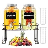 1 Gallon Glass Beverage Dispenser -Set of 2, Drink Dispenser with Stand & Fruit Infuser, Stainless Steel Spigot - Glass Drink Dispensers for Parties, Drink Dispensers with Lids for Lemonade Sun Tea