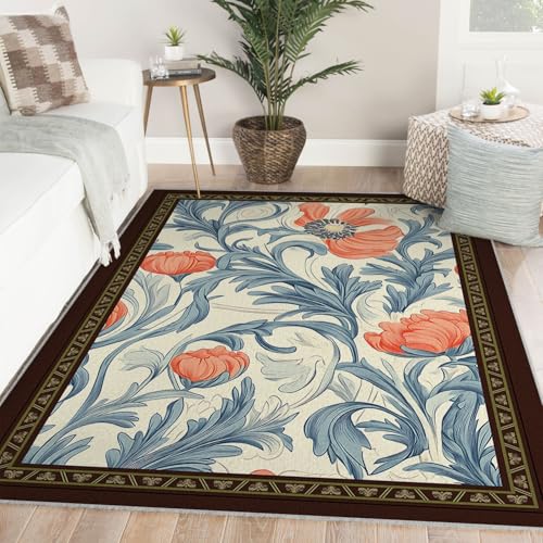 Tapis antidérapant lavable en machine bleu fleurs d'orange