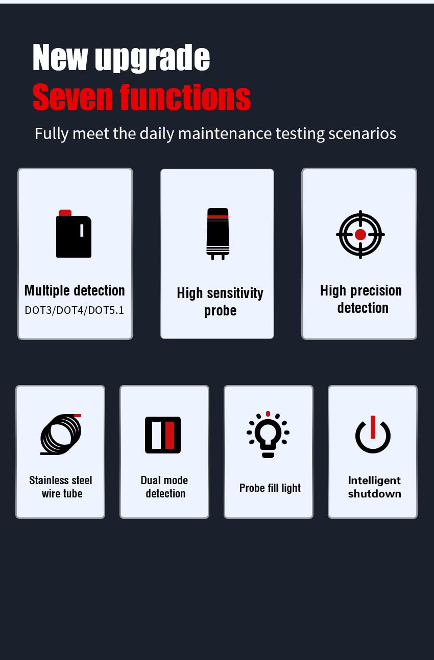 Outzone Brake Fluid Tester Pen - Accurate Moisture Detection for DOT3, DOT4, DOT5.1 - Rapid LED Alert (Red/Yellow/Green) for Brake System Safety, Easy Probe Design